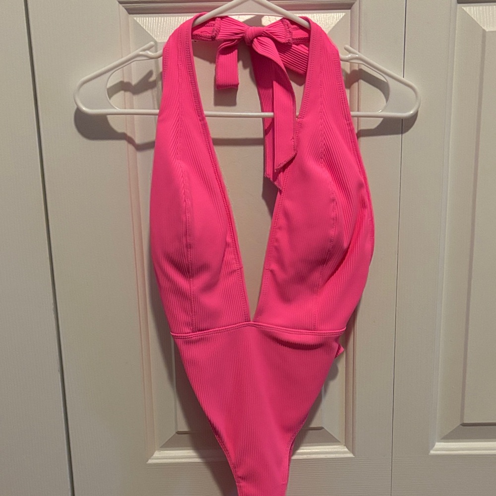 Fashion Nova Hot Pink Ribbed Halter One-Piece Swimsuit